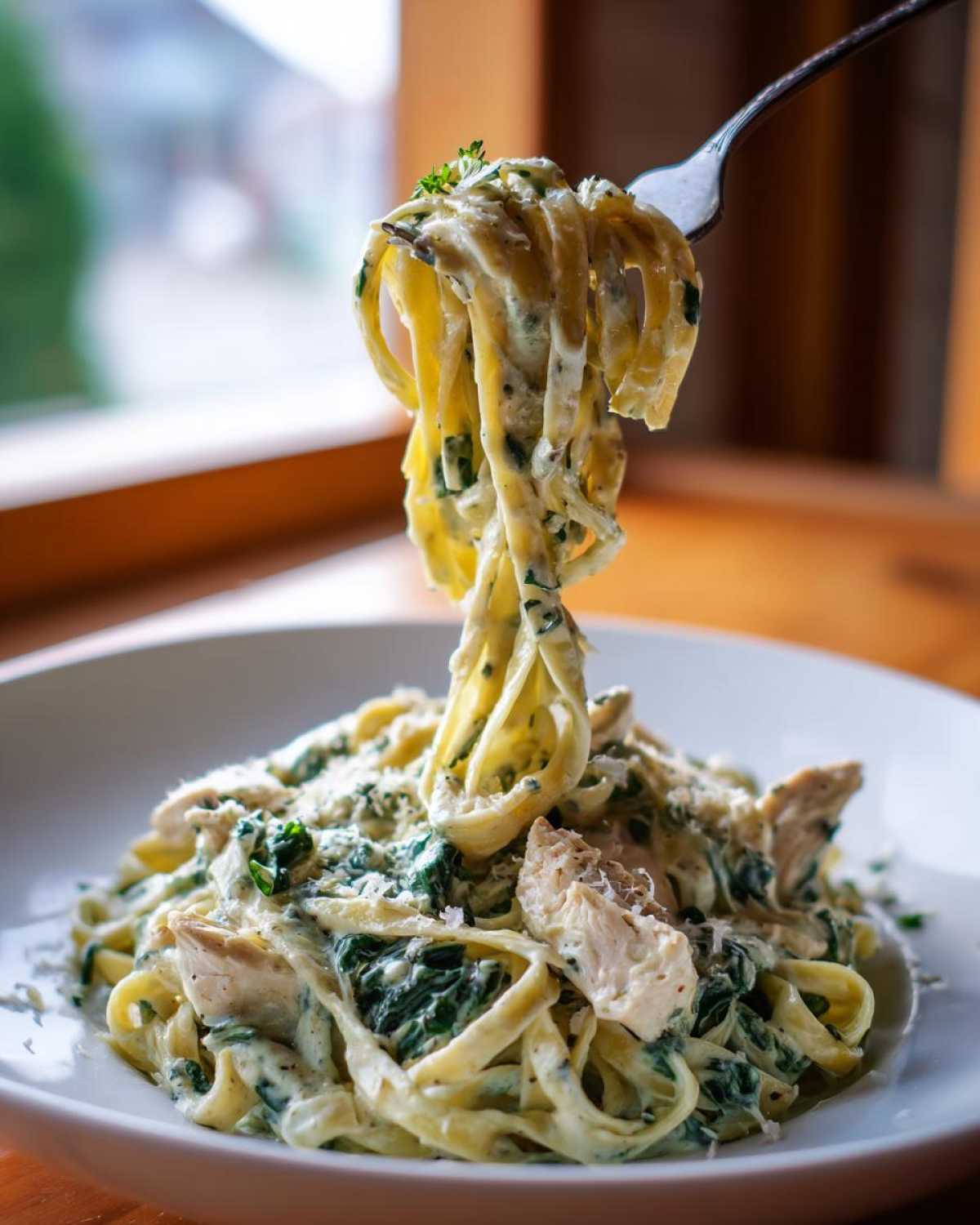 A fork lifting a twirl of fettuccine from a bowl of Creamy Spinach Chicken Pasta with Garlic.