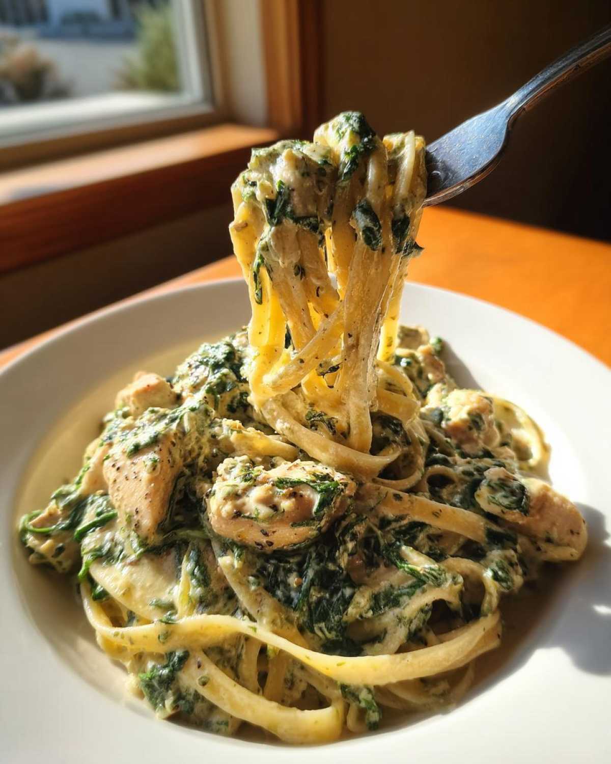 A fork lifting fettuccine noodles coated in creamy sauce, spinach, and chicken from a bowl of Creamy Spinach Chicken Pasta with Garlic.
