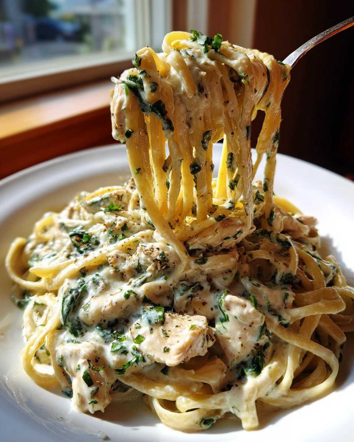 A fork lifting long strands of Creamy Spinach Chicken Pasta with Garlic from a white bowl, heavily coated in sauce.
