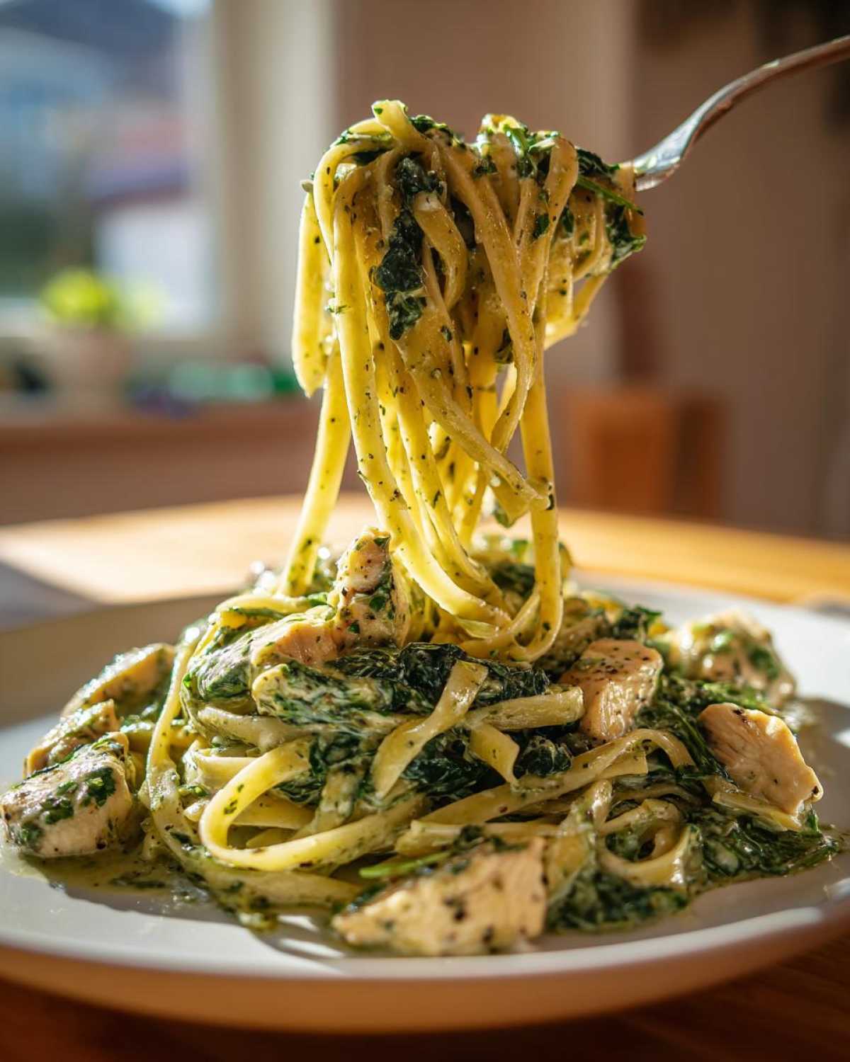 A fork lifting a generous twirl of linguine coated in creamy spinach sauce and chunks of chicken from a plate of Creamy Spinach Chicken Pasta with Garlic.