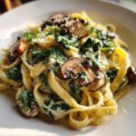 A close-up of fettuccine pasta tossed in a rich sauce with wilted spinach and sliced mushrooms, part of a Creamy Spinach and Mushroom Pasta Dinner.