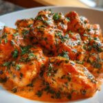 Close-up of tender chicken pieces smothered in a rich, orange-red creamy tomato basil sauce and topped with fresh green herbs.