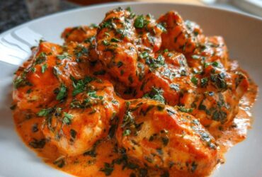 Close-up of tender chicken pieces smothered in a rich, orange-red creamy tomato basil sauce and topped with fresh green herbs.