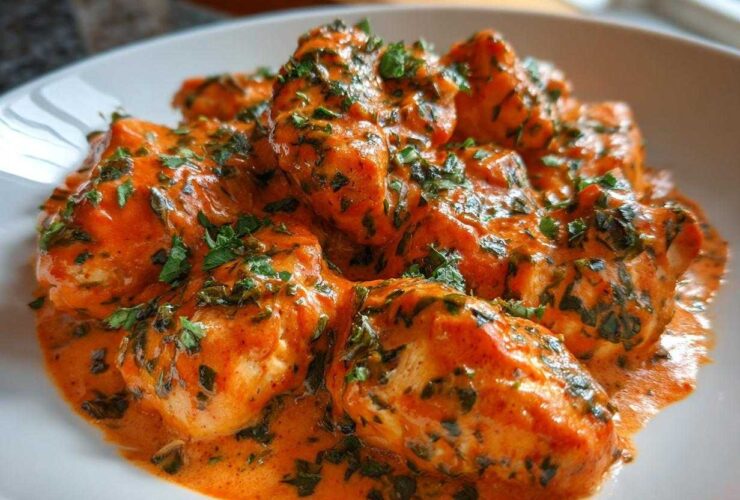 Close-up of tender chicken pieces smothered in a rich, orange-red creamy tomato basil sauce and topped with fresh green herbs.