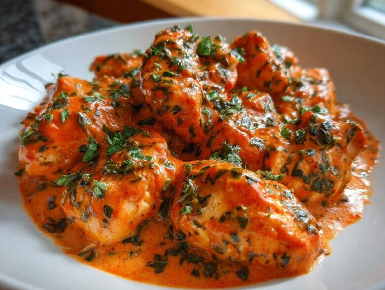 Close-up of tender chicken pieces smothered in a rich, orange-red creamy tomato basil sauce and topped with fresh green herbs.