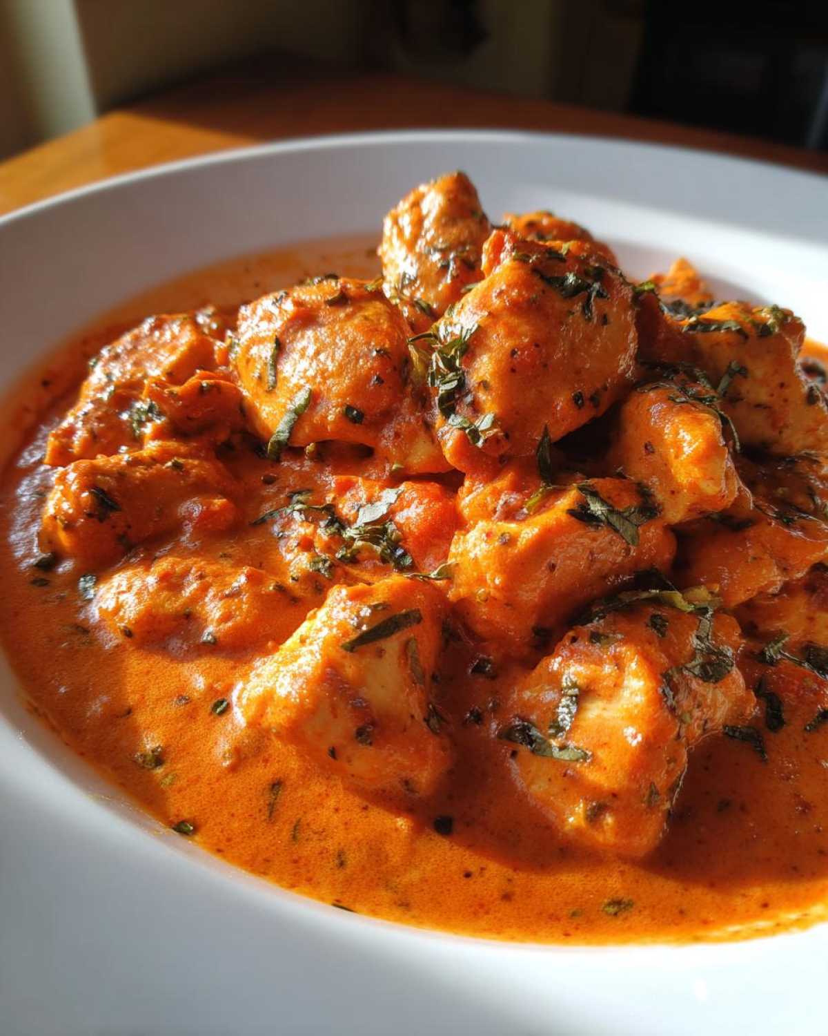 Close-up of tender chicken pieces coated in a rich, orange-red sauce in the Creamy Tomato Basil Chicken Skillet Recipe.