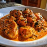 Close-up of tender chicken pieces coated in a rich, orange-red creamy tomato basil sauce, garnished with fresh herbs.