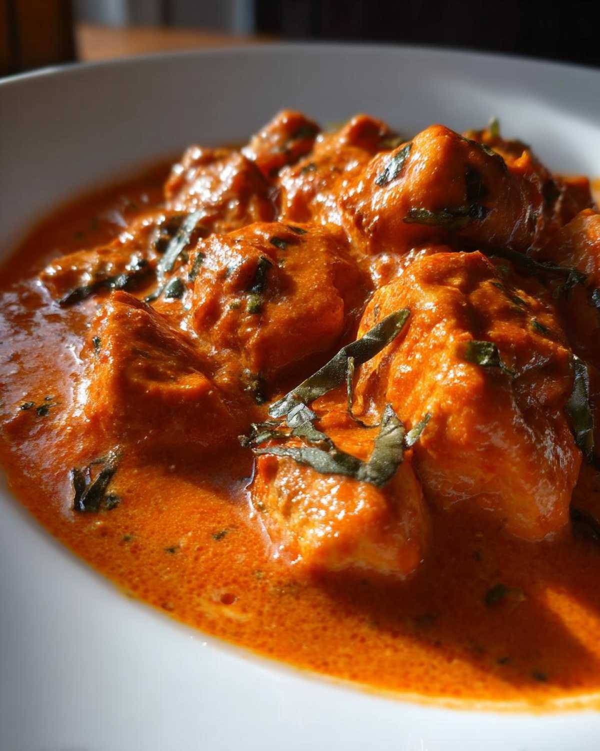 Close-up of tender chicken pieces coated in a rich, orange-red sauce, garnished with fresh basil from the Creamy Tomato Basil Chicken Skillet Recipe.