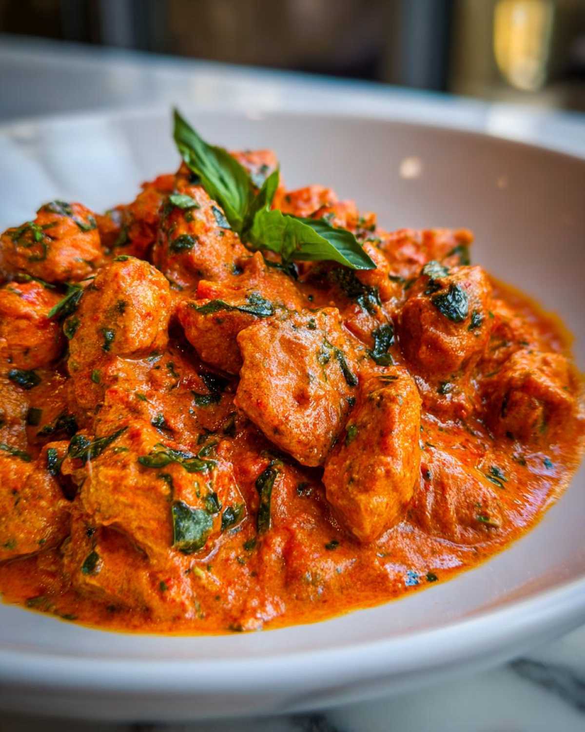 Close-up of tender chicken pieces coated in a rich, orange-red sauce, garnished with fresh basil, from the Creamy Tomato Basil Chicken Skillet Recipe.