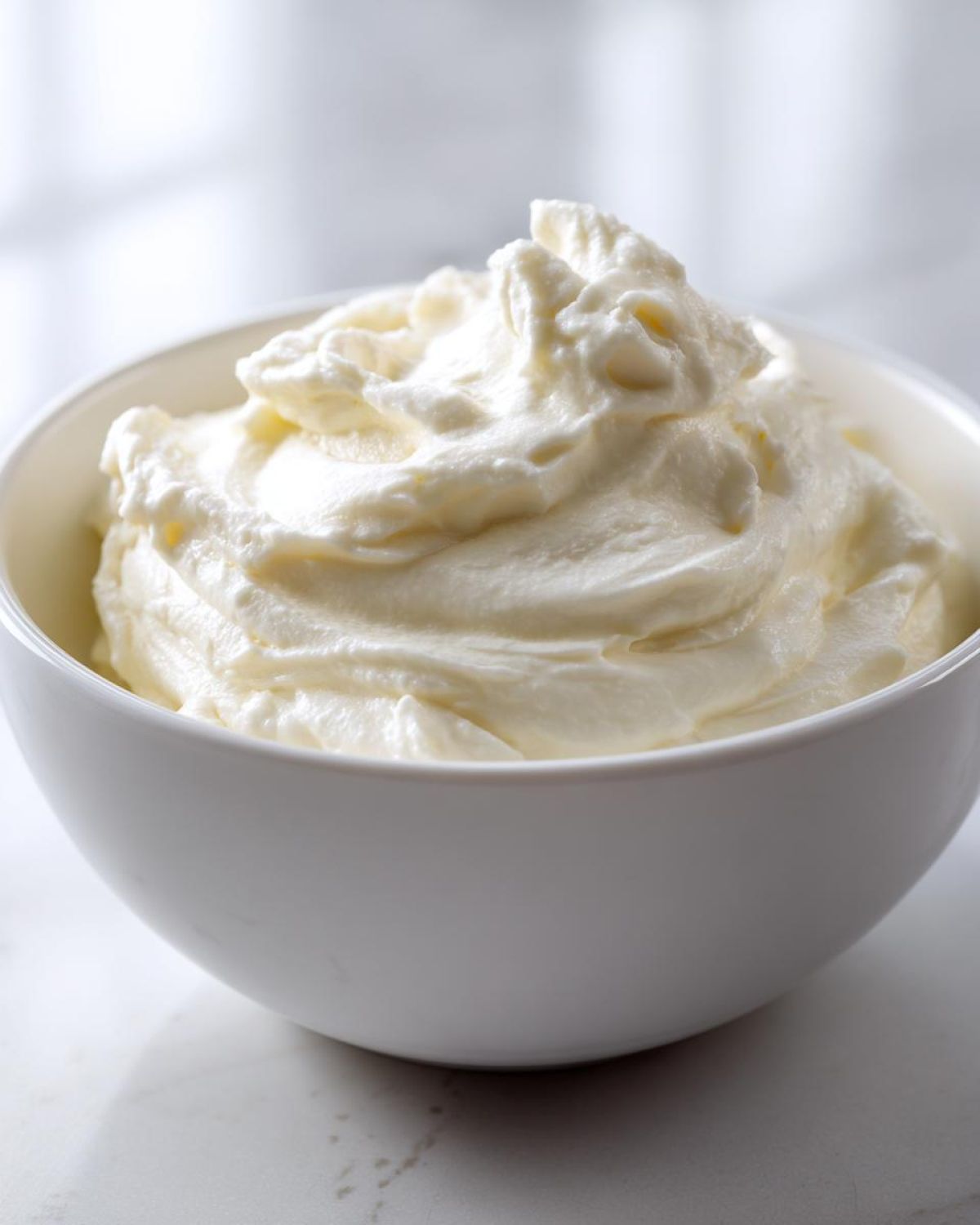 A white bowl filled with thick, creamy vanilla topping, likely for the Creamy Vanilla Protein Smoothie Bowl.