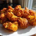 A close-up of golden brown, crispy air fryer cauliflower wings piled on a white plate, beautifully lit by sunlight.