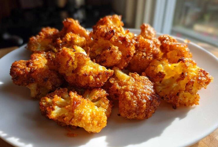 A close-up of golden brown, crispy air fryer cauliflower wings piled on a white plate, beautifully lit by sunlight.