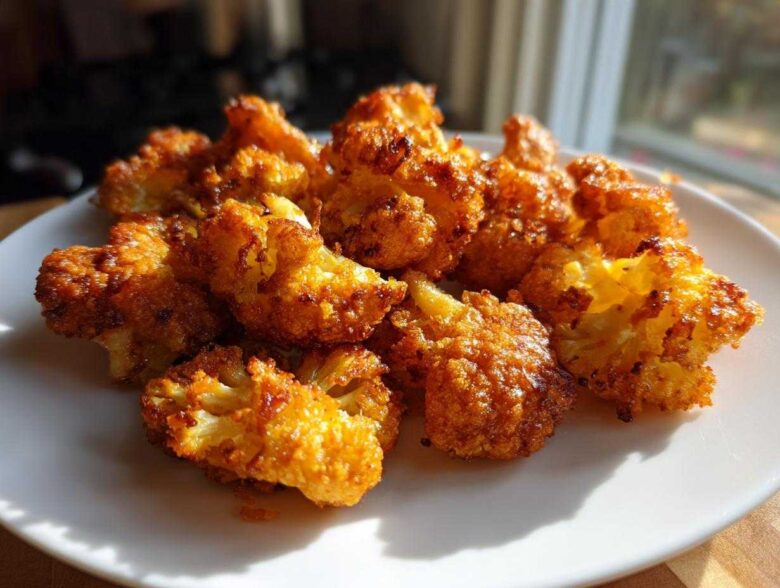 A close-up of golden brown, crispy air fryer cauliflower wings piled on a white plate, beautifully lit by sunlight.
