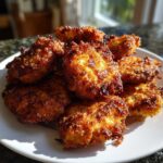 A pile of golden brown, crispy air fryer cauliflower wings stacked on a white plate.