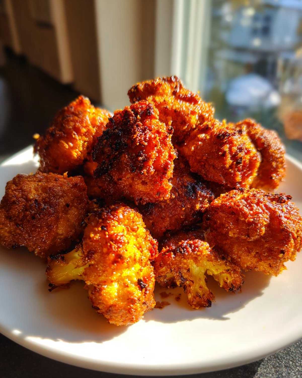 A pile of golden-brown, crispy air fryer cauliflower wings served on a white plate.
