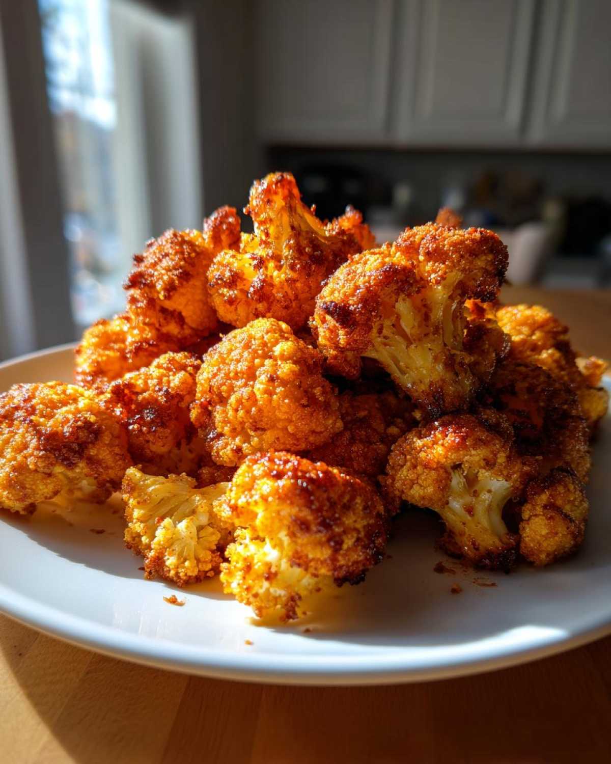 A large pile of golden brown, crispy air fryer cauliflower wings stacked high on a white plate.