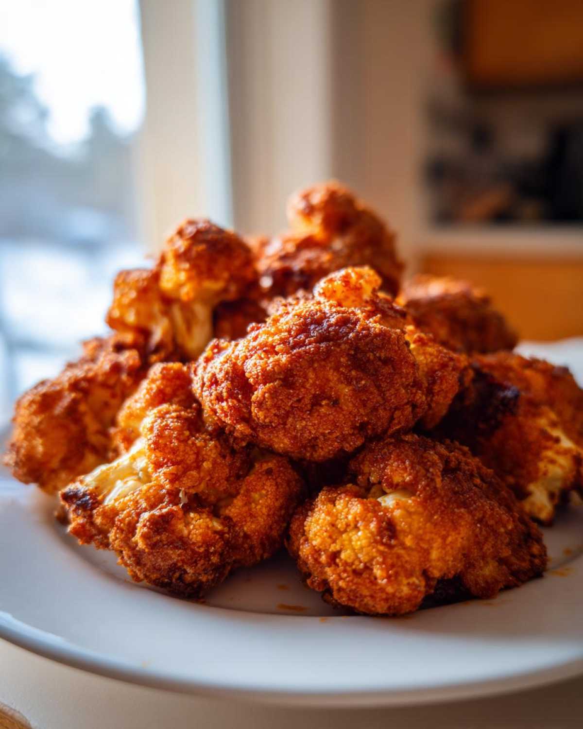 A close-up photo of a mound of golden-brown, crispy air fryer cauliflower wings piled high on a white plate.