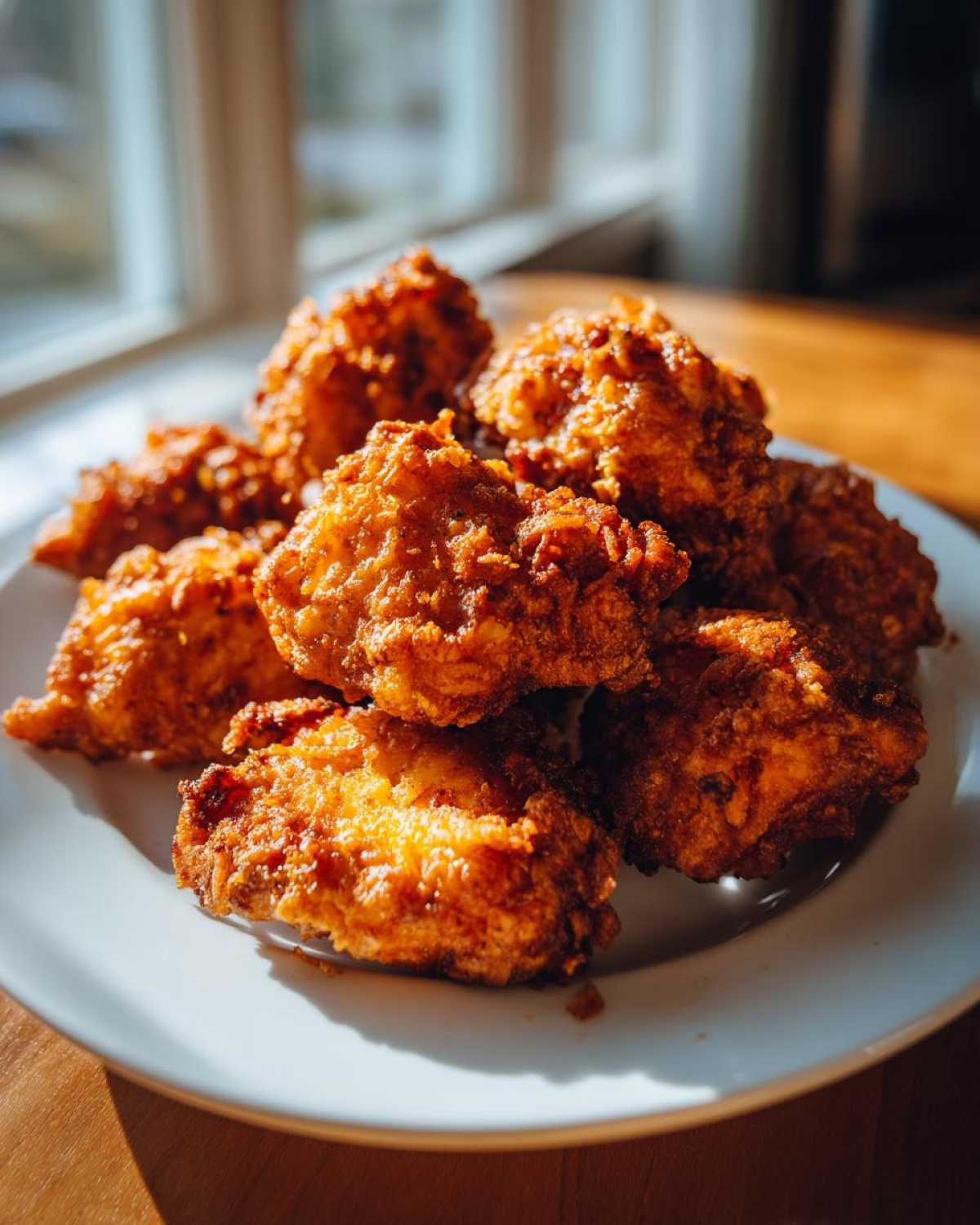 A pile of golden brown, crispy air fryer cauliflower wings served on a white plate near a window.