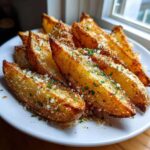 A serving of golden brown, crispy baked garlic parmesan potato wedges sprinkled with grated cheese and parsley.
