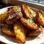 Close-up of golden brown, crispy baked garlic parmesan potato wedges sprinkled with grated cheese and parsley.