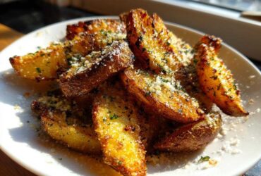 Close-up of golden brown, crispy baked garlic parmesan potato wedges sprinkled with grated cheese and parsley.