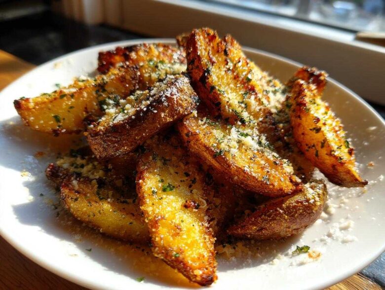 Close-up of golden brown, crispy baked garlic parmesan potato wedges sprinkled with grated cheese and parsley.