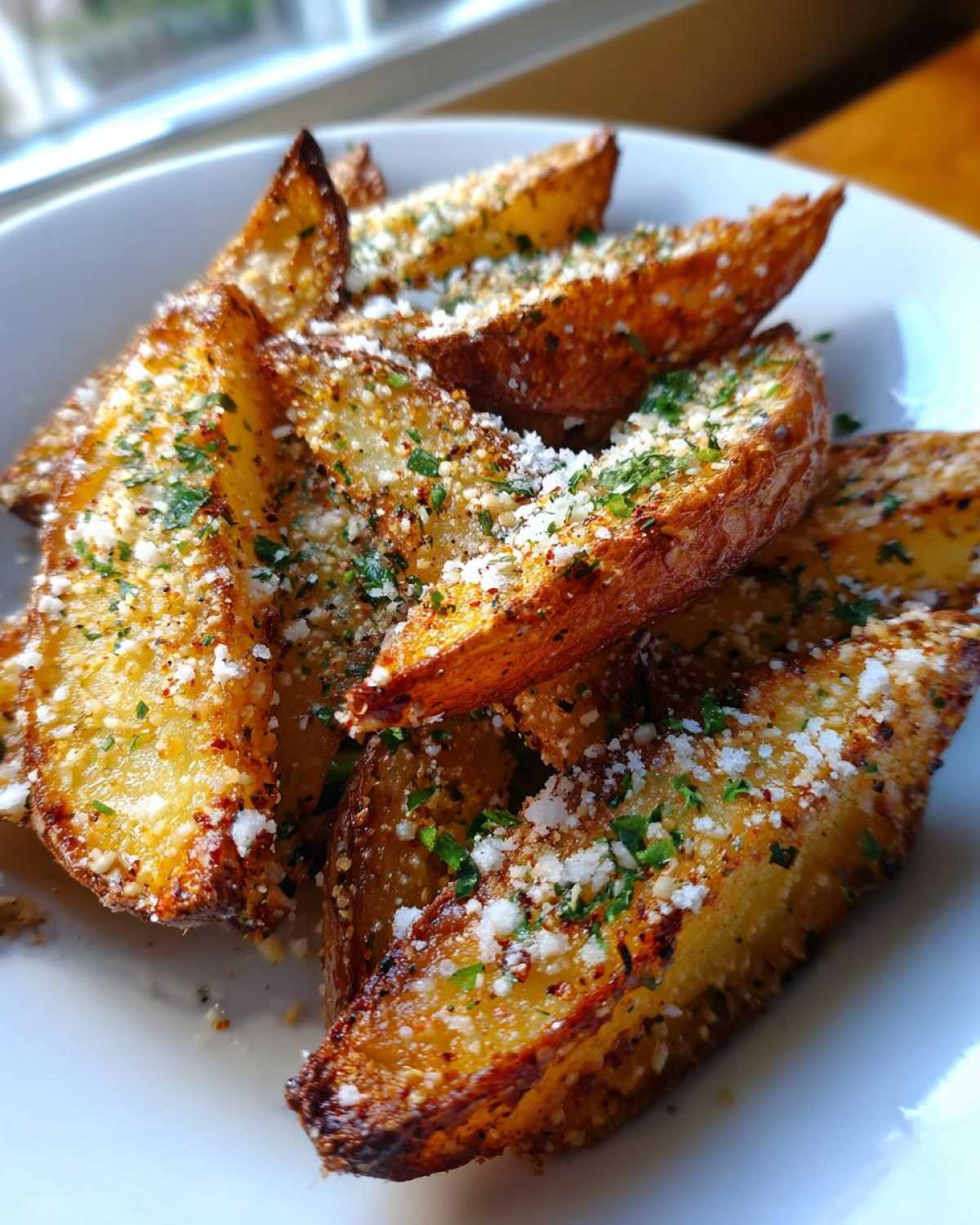 A close-up of golden brown Crispy Baked Garlic Parmesan Potato Wedges topped with grated cheese and parsley.