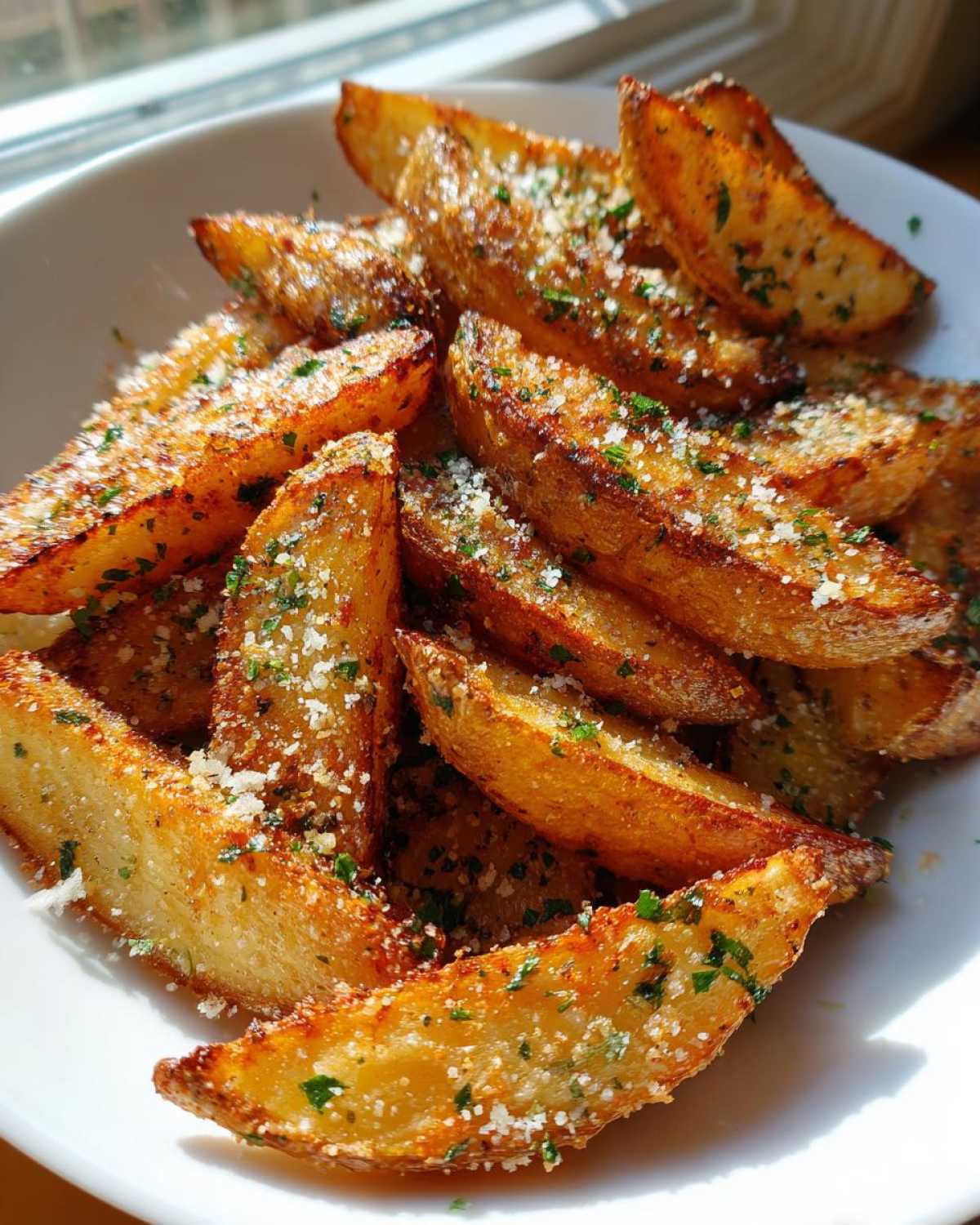 A close-up of golden brown Crispy Baked Garlic Parmesan Potato Wedges topped with grated cheese and parsley in a white bowl.