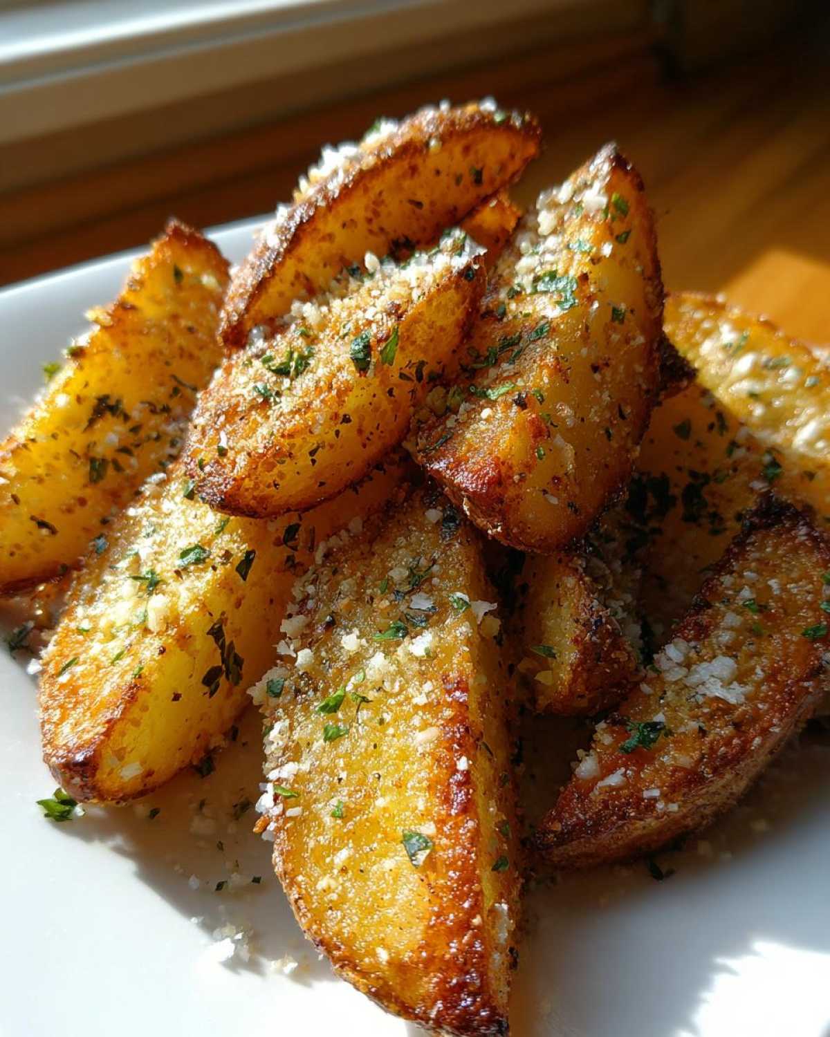 A close-up of golden brown, crispy baked garlic parmesan potato wedges sprinkled with grated cheese and parsley.