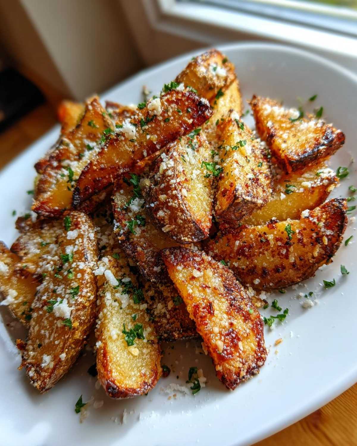A plate piled high with golden brown Crispy Baked Garlic Parmesan Potato Wedges, topped with grated cheese and parsley.