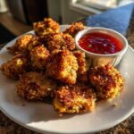 A plate piled high with golden brown Crispy Chicken Bites served with a side of bright red sweet chili sauce.