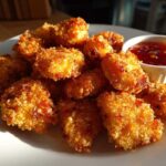 A plate of golden brown, crispy chicken bites served with a side of sweet chili sauce.