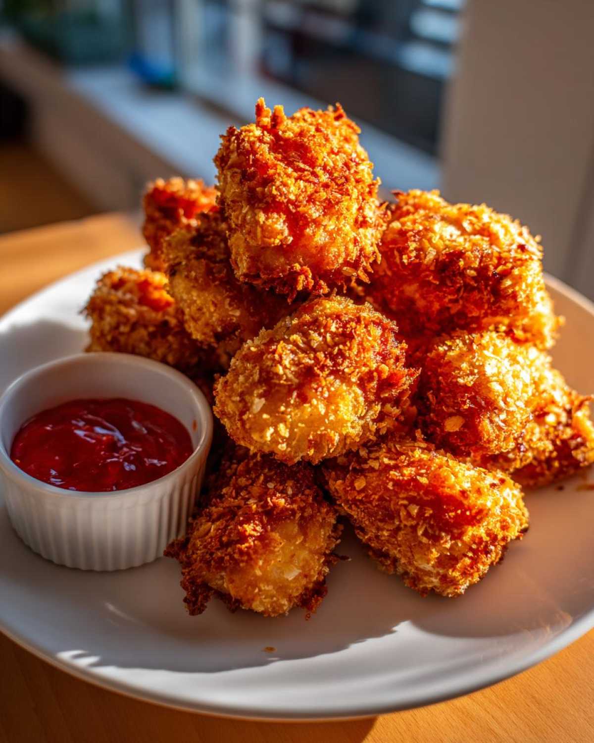 A pile of golden brown Crispy Chicken Bites with a side of sweet chili sauce on a white plate.