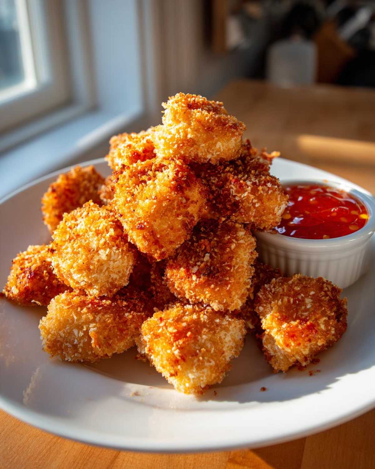 A pile of golden brown Crispy Chicken Bites served on a white plate next to a small bowl of sweet chili sauce.