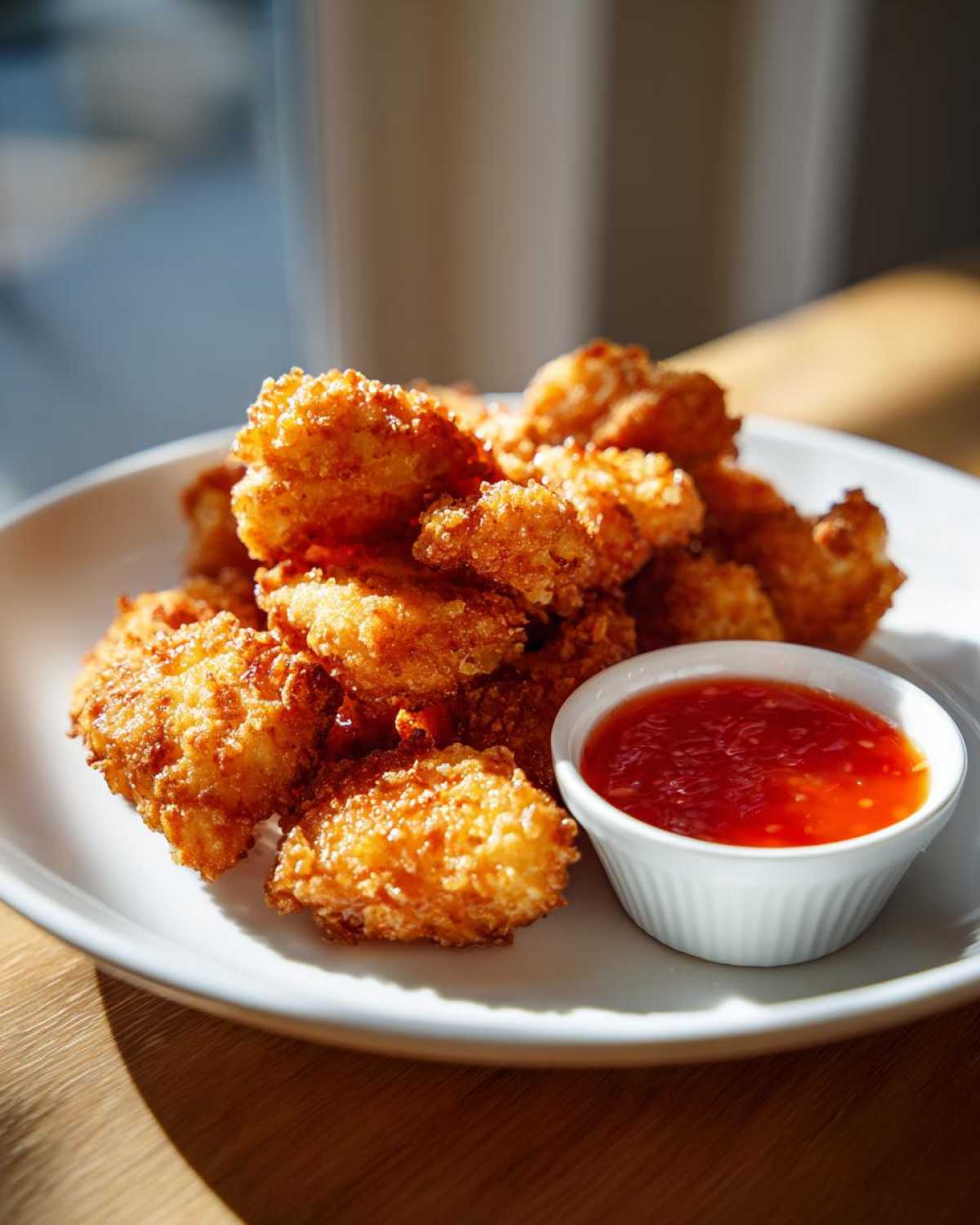 A plate piled high with golden brown Crispy Chicken Bites served next to a small white ramekin of bright red sweet chili sauce.