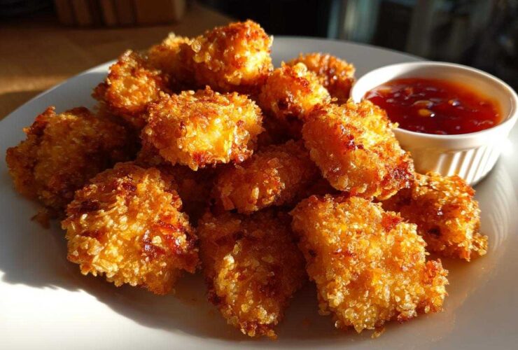 A plate of golden brown, crispy chicken bites served with a side of sweet chili sauce.