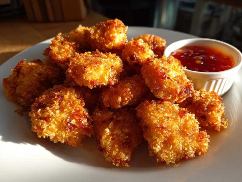 A plate of golden brown, crispy chicken bites served with a side of sweet chili sauce.