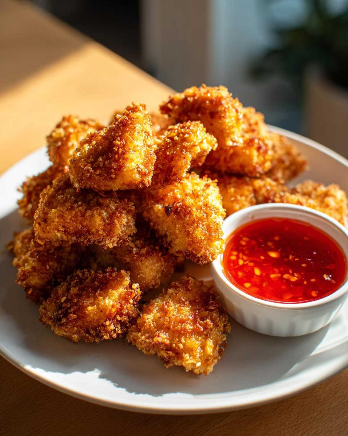 A plate piled high with golden brown Crispy Chicken Bites served next to a small bowl of bright red sweet chili sauce.