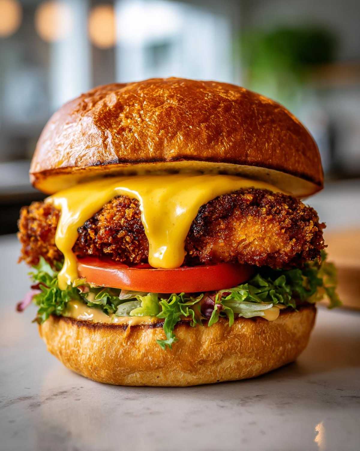 A close-up, appetizing shot of a Crispy Chicken Burger featuring a thick fried patty, melted cheese, tomato, and lettuce on a brioche bun.