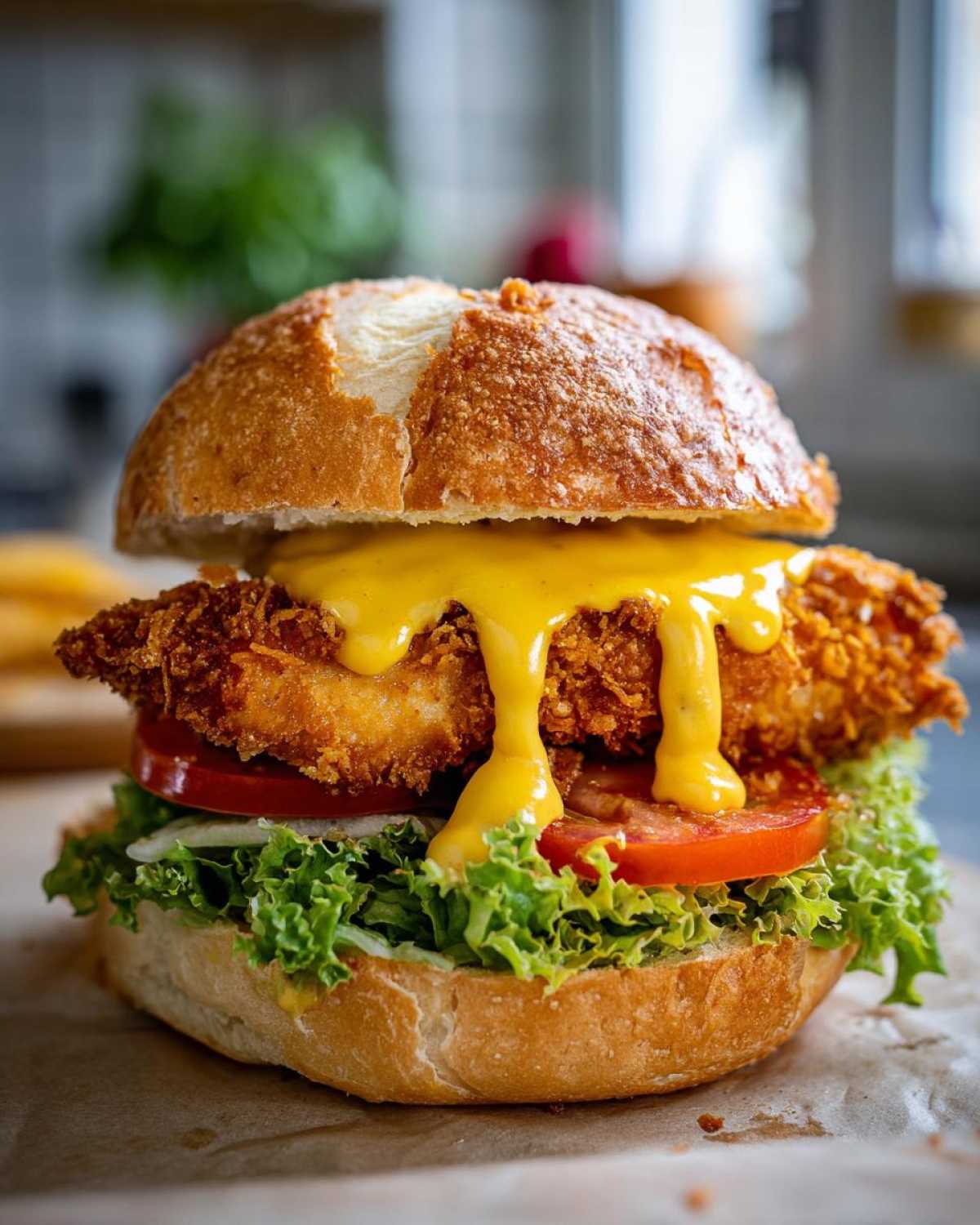 Close-up of a Crispy Chicken Burger with Honey Mustard Sauce dripping over the fried chicken patty, lettuce, and tomato.