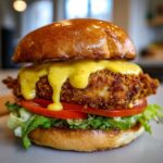 Close-up of a Crispy Chicken Burger with honey mustard sauce dripping over the fried patty, lettuce, and tomato.