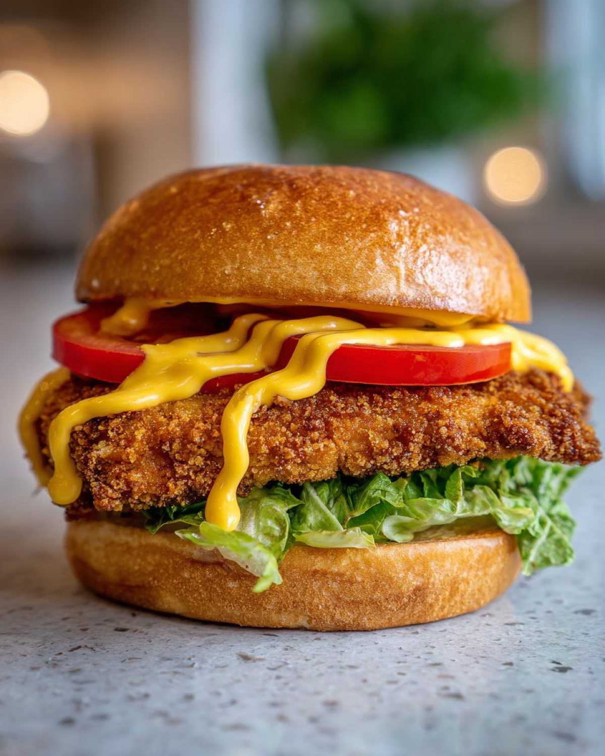 Close-up of a Crispy Chicken Burger with Honey Mustard Sauce drizzled over crispy chicken, tomato, and lettuce.