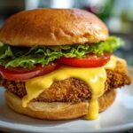 A mouthwatering Crispy Chicken Burger with Honey Mustard Sauce dripping over the fried patty, lettuce, and tomato on a brioche bun.