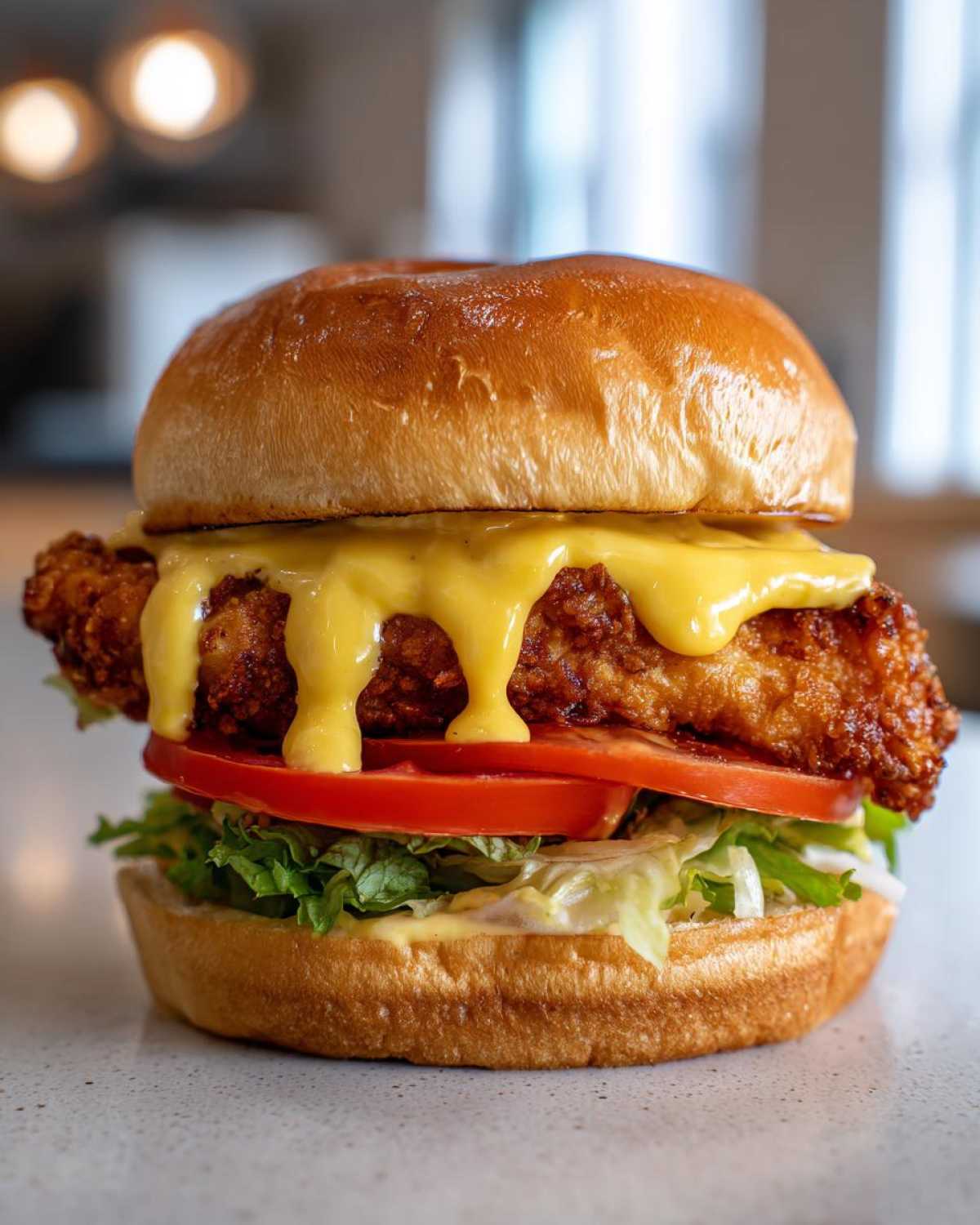A mouthwatering Crispy Chicken Burger featuring a thick fried patty dripping with yellow honey mustard sauce, lettuce, and tomato.