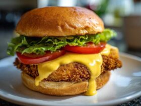 A mouthwatering Crispy Chicken Burger with Honey Mustard Sauce dripping over the fried patty, lettuce, and tomato on a brioche bun.