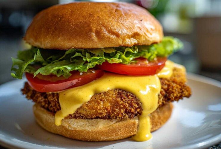 A mouthwatering Crispy Chicken Burger with Honey Mustard Sauce dripping over the fried patty, lettuce, and tomato on a brioche bun.