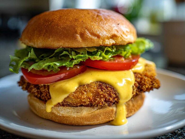 A mouthwatering Crispy Chicken Burger with Honey Mustard Sauce dripping over the fried patty, lettuce, and tomato on a brioche bun.
