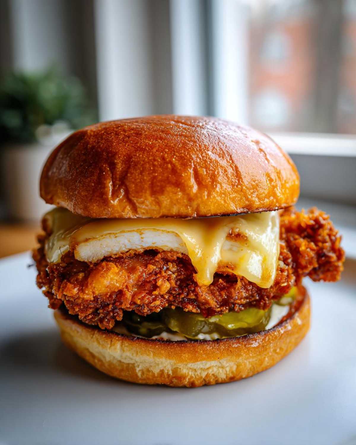 A close-up of a perfectly assembled Crispy Chicken Burger with Melty Cheese, featuring a thick fried fillet, dripping cheese, and pickles on a brioche bun.