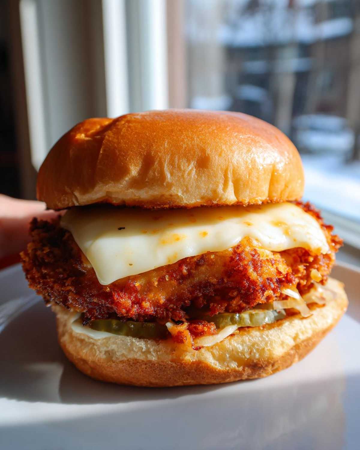 A close-up of a beautifully assembled Crispy Chicken Burger with Melty Cheese, featuring a golden bun and pickles.