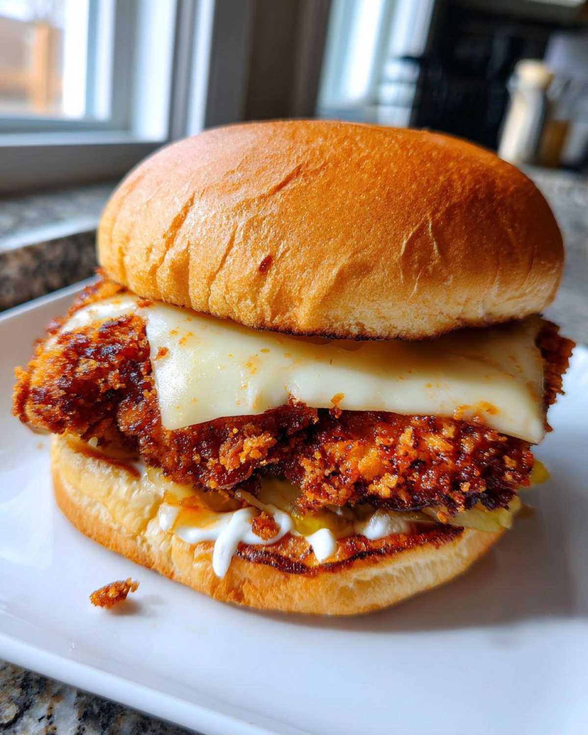 A close-up photo of a Crispy Chicken Burger with Melty Cheese on a brioche bun, served on a white plate.